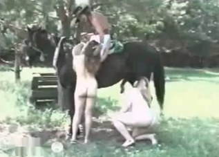 Hung horse enjoying two submissive sluts